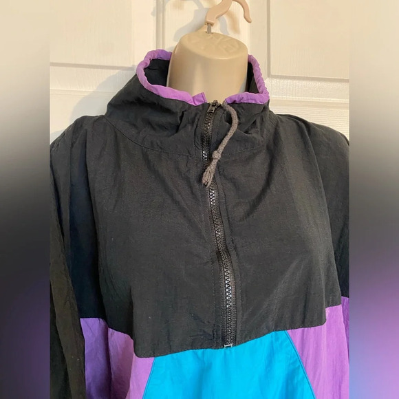 Shell Shock Vintage Mock Neck Windbreaker Black Blue Purple 3/4 zip Jacket - Picture 2 of 5